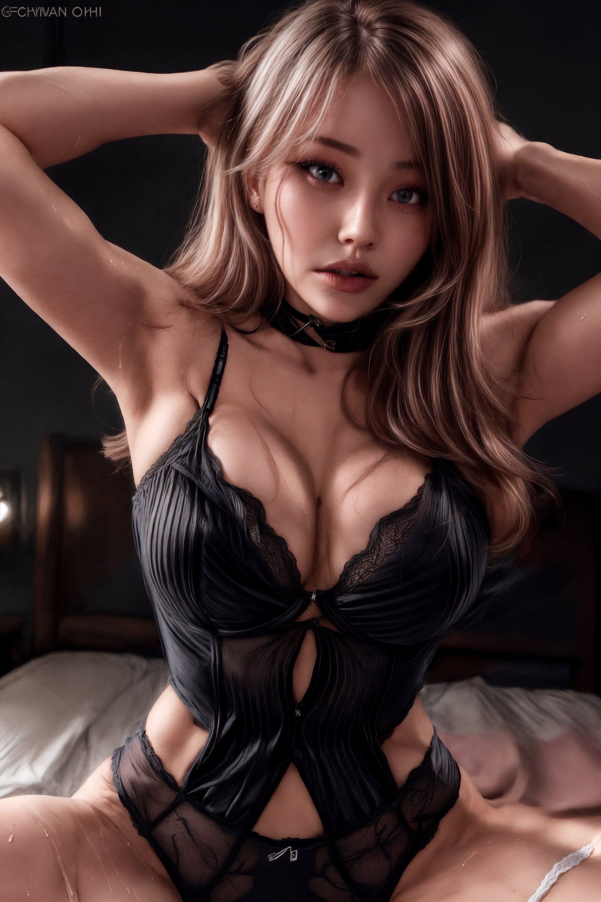  20 year old russian girl, beautiful, model, sexy, horny, seductress, seducing, sensual, long layered blonde hair, long layered hair over breasts and down to waist, long layered bangs that cover partial face,wet clothes, oily skin, realistic skin, realistic, 8k, best quality, horny, orgasm, enhancing breasts and panties. dark background, blue eyes, pink lips, thick lips, sexy lips, glossy lips,  detailed lips, wet lips, detailed eyes, blush, black eye liner, long eye lashes, light tan,sexy lingerie, tiny pink panties, ,pov hands,HeadpatPOV,leashed_pov, sexy lingerie,taaarannn,chakumomi,lora:hyoon_v1:0.8,breast grab,breast hold,from below