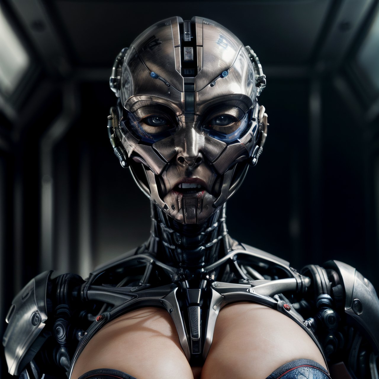 half humanoid female, brain see, futuristic world, angry face,( masterpiece), high definition, 8k, very high quality 1.5, high details face, sharp, dof ,depth_of_field, dangerous, body see