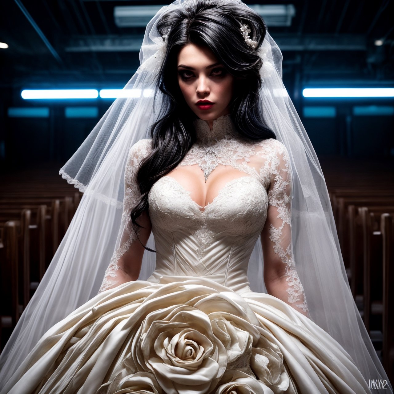 very beautiful 1.5 bride woman with modern wedding dress, (((darksynth, kinetics))) ,tattoos bride , wedding church, f1.2, long hair, epic photography, cinematic style, very hot and sexy, ((masterpiece)), insanely quality, 8k,high definition, dof, depth_of_field,ultra quality, high quality hands 1.8,