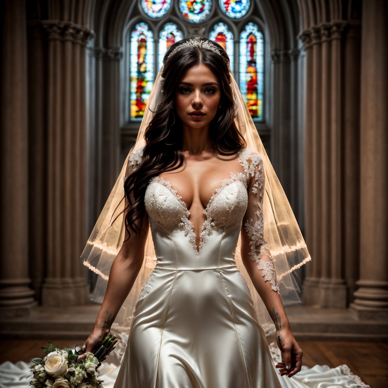 very beautiful 1.5 bride woman with modern wedding dress, wedding church, flowers background, long hair,  see-through clothes, epic photography, cinematic style, very hot and sexy, full body 1.2, ((masterpiece)), insanely quality, 8k,high definition, dof, depth_of_field,ultra quality,