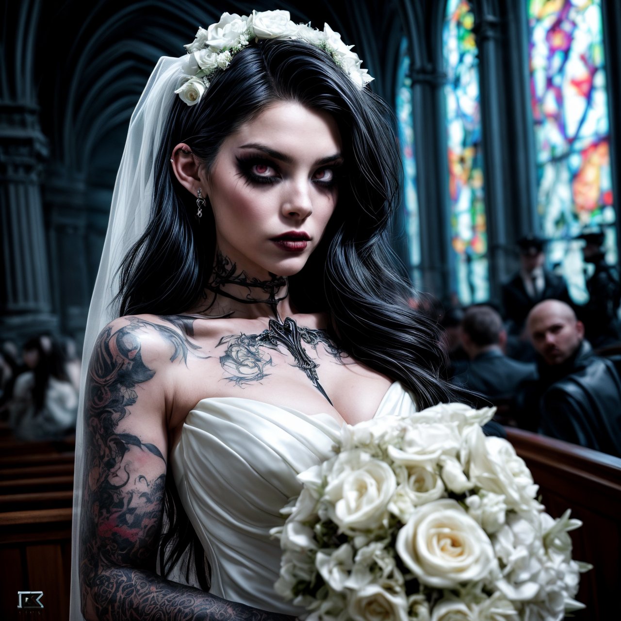 very beautiful 1.5 bride woman with modern wedding dress, gothic wedding, gothic ART, (((darksynth, kinetics))) ,tattoos bride , wedding church, f1.2, long hair, epic photography, cinematic style, very hot and sexy, ((masterpiece)), insanely quality, 8k,high definition, dof, depth_of_field,ultra quality