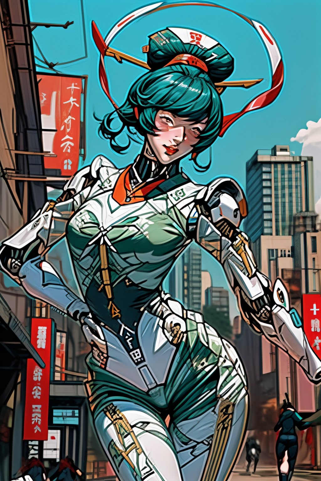 mach robot, 3 sexy asia girl fighting in a city,BTR-80,Mecha,mecha,yofukashi background