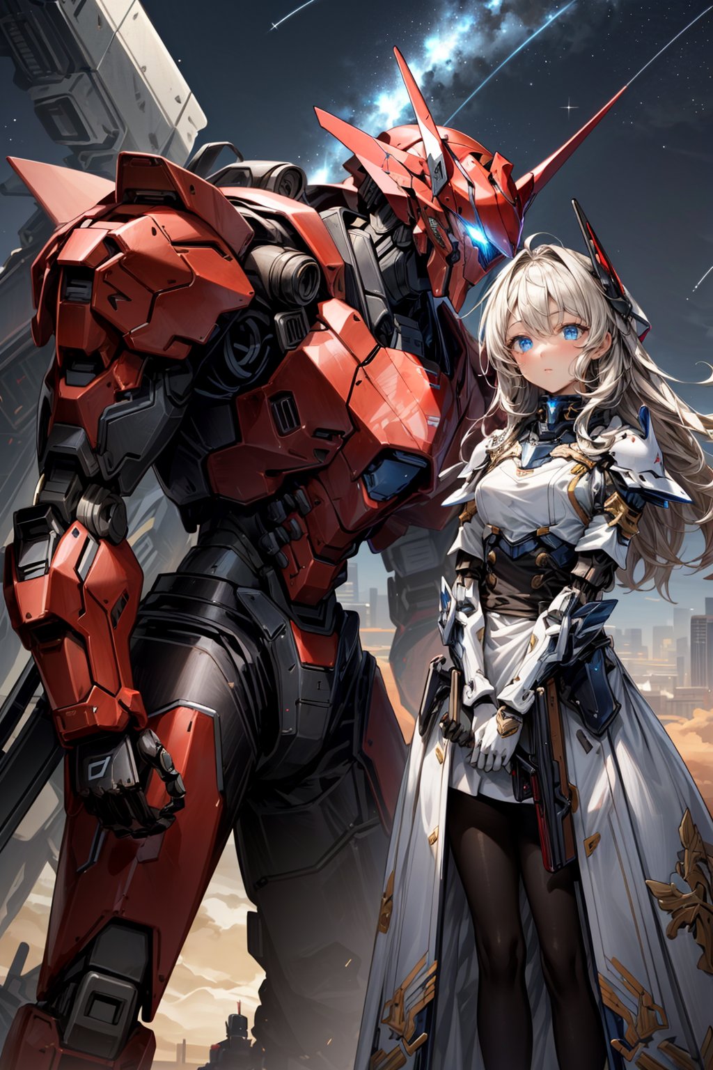 (masterpiece:1.4, best quality), (intricate details), unity 8k wallpaper, ultra detailed, intricate details, super complex details, ((2people)), (girl_standing_beside_robot:1.2), girl, (perfect detailed face, detailed eyes, white dress),
BREAK
robot, (giant mecha, red and black armor, blue eyes, holding rifle), starry sky, skyline, Mecha