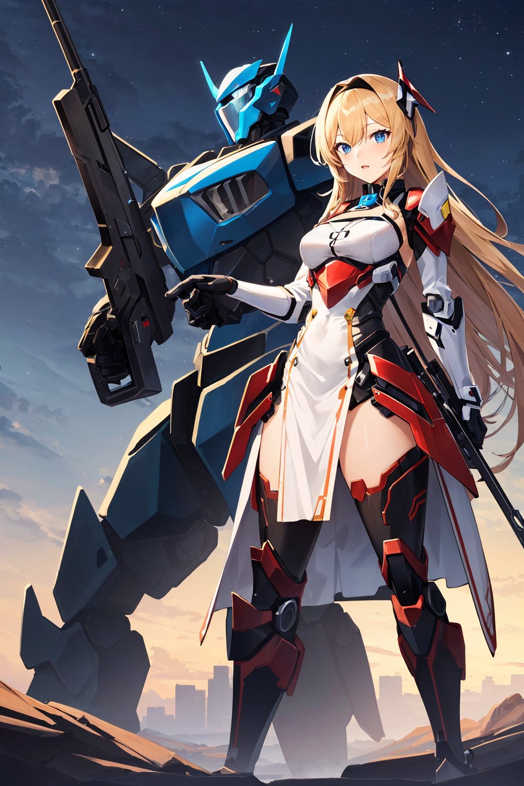 (masterpiece:1.4, best quality), (intricate details), unity 8k wallpaper, ultra detailed, intricate details, super complex details, ((2people)), (sexygirl_standing_beside_robot:1.2), asia girl, (perfect detailed face, detailed eyes, white dress,holding weapon),
BREAK
robot, (giant mecha, red and black armor, blue eyes, holding rifle), starry sky, skyline, Mecha