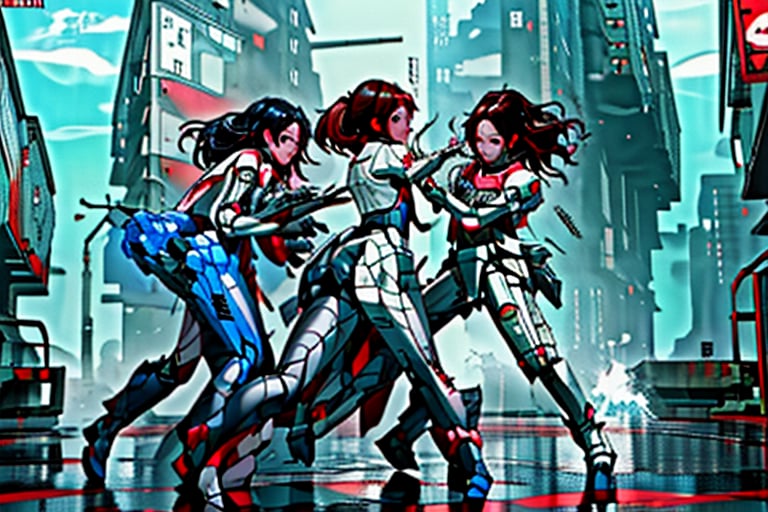 mach robot, 3 girl fighting in a city,BTR-80,Mecha,mecha,yofukashi background