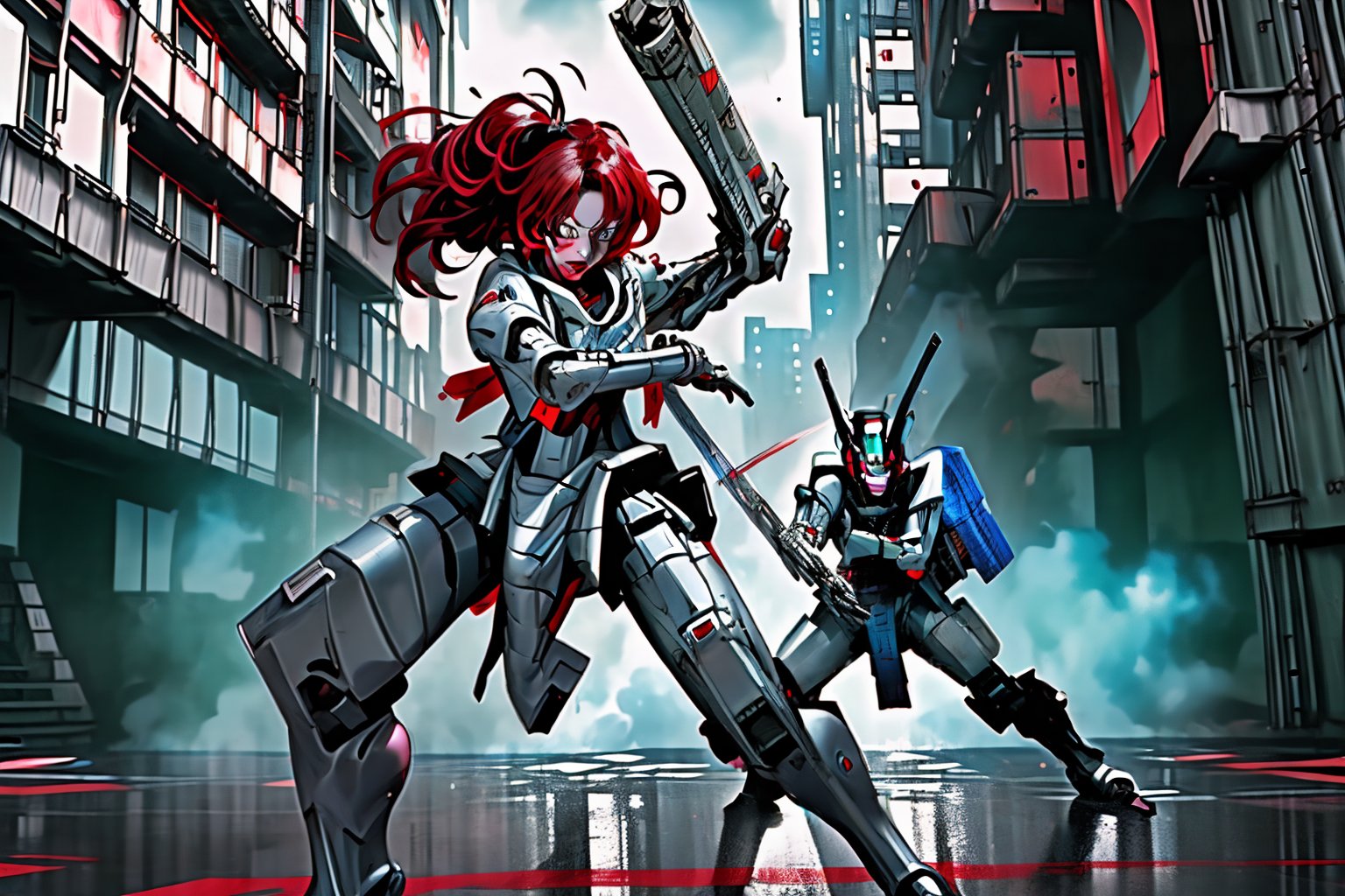 mach robot, 3 girl fighting in a city,BTR-80,Mecha,mecha,yofukashi background