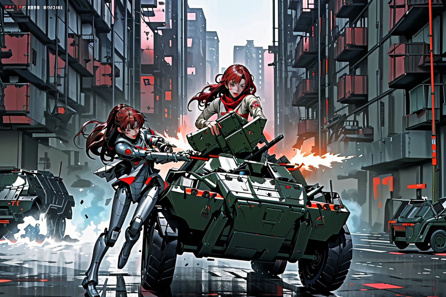 mach robot, 3 girl fighting in a city,BTR-80,Mecha,mecha,yofukashi background