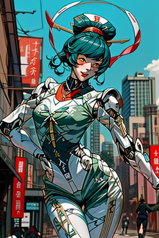 mach robot, 3 sexy asia girl fighting in a city,BTR-80,Mecha,mecha,yofukashi background