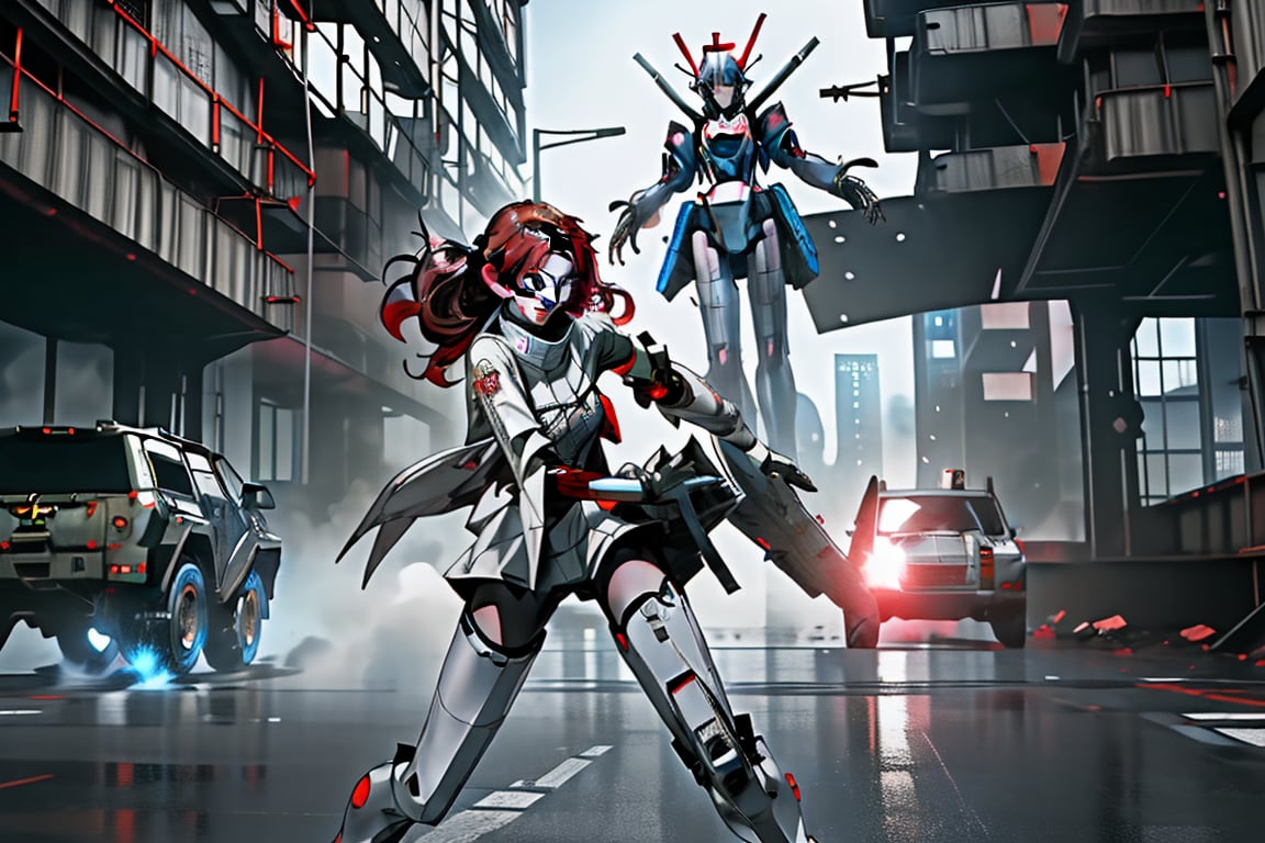 mach robot, 3 girl fighting in a city,BTR-80,Mecha,mecha,yofukashi background