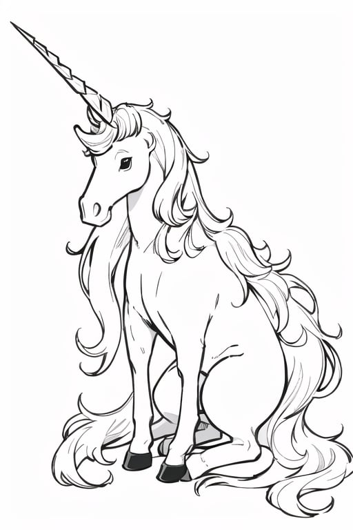 Unicorn, in nature, hand drawn, coloring book page, clean line art, white background, easy, continuous line, well defined