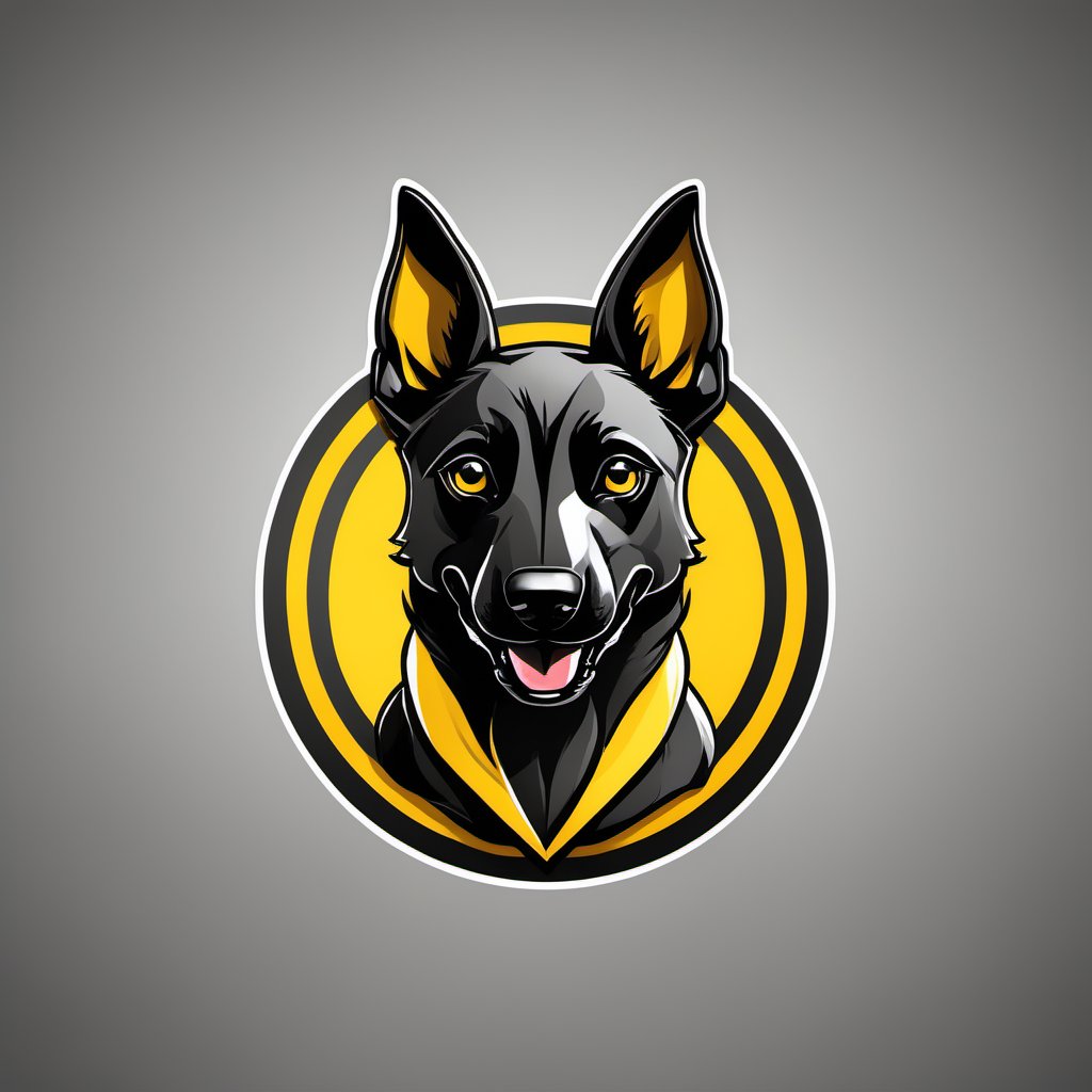 A logo for a gaming community,baby belgian malinois, bold, themed colors (black, yellow, white)., LogoRedAF,3d style,tshirt design