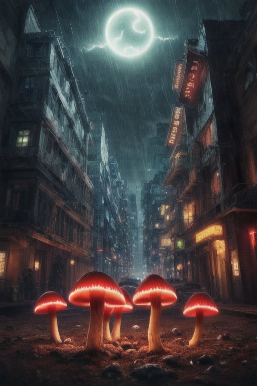 red mushrooms, glow_in_the_dark, it's night, raining hard)))}, ((Resident Evil)), 16k, high quality, high detail