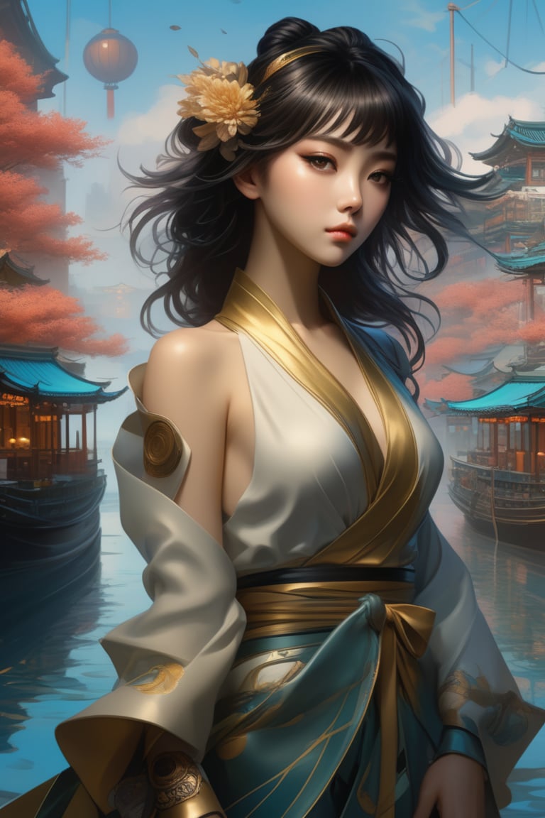 (masterpiece,best quality, ultra realistic,32k,RAW photo,detailed skin, 8k uhd, high quality:1.2), surrealist art 'Hu Tao' character in liyue harbor, Genshin Impact, fantasy, anime, manga, game art, concept art, digital painting, art by artgerm and greg rutkowski and alphonse mucha . dreamlike, mysterious, provocative, symbolic, intricate, detailed