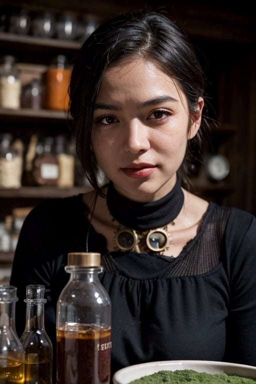 portrait of 1girl,
working in a steampunk apothecary mixing ingredients and making potions, mechanical, steam powered,
bokeh, f1.4, 40mm, photorealistic, raw, 8k, textured skin, skin pores, intricate details,