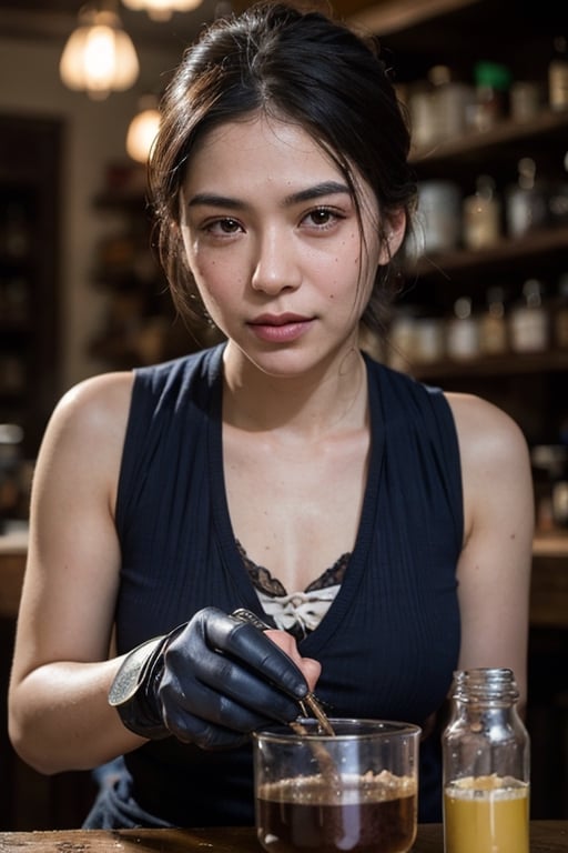 portrait of 1girl,
working in a steampunk apothecary mixing ingredients and making potions, mechanical, steam powered,
bokeh, f1.4, 40mm, photorealistic, raw, 8k, textured skin, skin pores, intricate details,