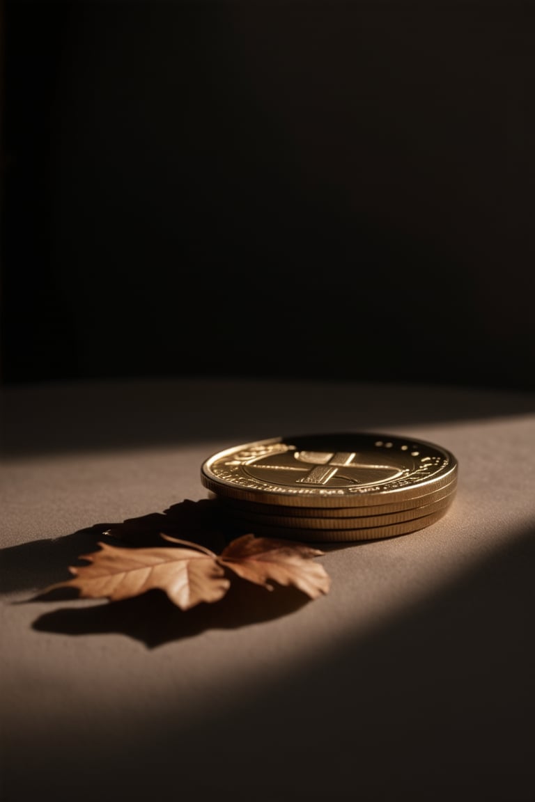 A close-up shot of a dark, rich gold coin, lit by a single soft spotlight from above, against a black matte background. The coin's intricate details and texture are emphasized by the dramatic lighting. In the foreground, a few strands of dry, rust-colored leaves add an eerie, abandoned atmosphere.