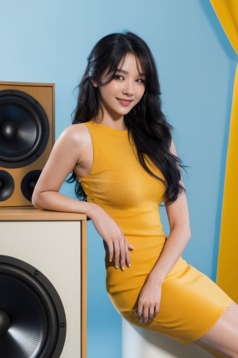 , (closeup:1.2), 1girl,smile,best quality,8k,fluffy long hair,,black hair,messy hair, (nude:1.3), sitting on a klipsch speaker,yellow dress,pure light blue background,3d style,AI_Misaki