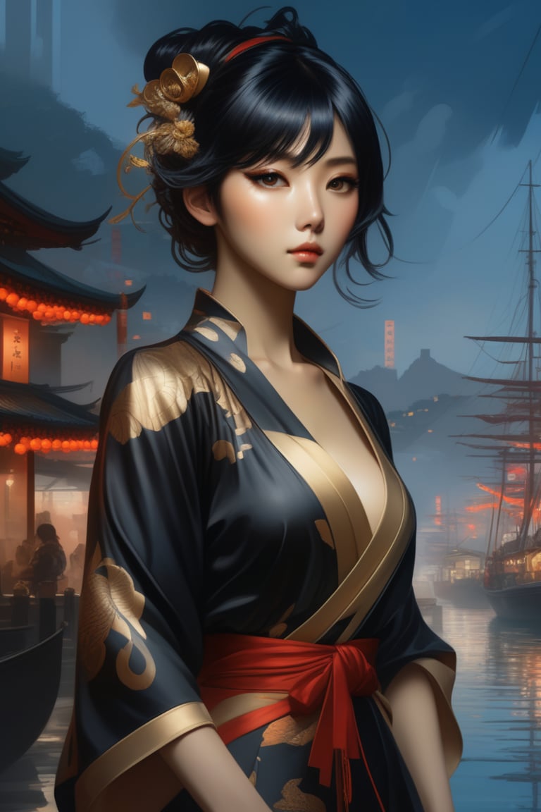 (masterpiece,best quality, ultra realistic,32k,RAW photo,detailed skin, 8k uhd, high quality:1.2), surrealist art 'Hu Tao' character in liyue harbor, Genshin Impact, fantasy, anime, manga, game art, concept art, digital painting, art by artgerm and greg rutkowski and alphonse mucha . dreamlike, mysterious, provocative, symbolic, intricate, detailed