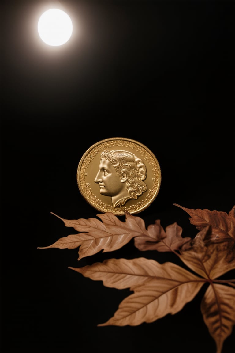 A close-up shot of a dark, rich gold coin, lit by a single soft spotlight from above, against a black matte background. The coin's intricate details and texture are emphasized by the dramatic lighting. In the foreground, a few strands of dry, rust-colored leaves add an eerie, abandoned atmosphere.