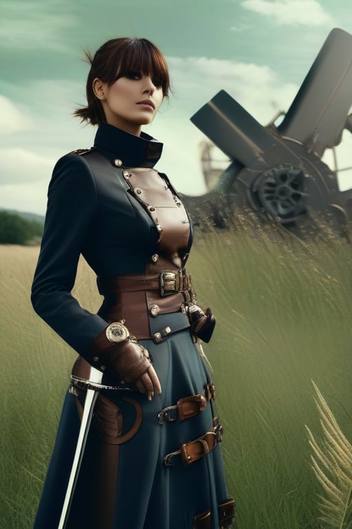 (masterpiece,best quality, ultra realistic, RAW photo), analog film photo girl with steampunk weapons and uniform, serious, finely detailed, made by wlop, artgerm, full body portrait, illustration, grass, sunny, sky, anime, side view, perfect anime face, detailed face, zoomed out, smooth, . faded film, desaturated, 35mm photo, grainy, vignette, vintage, Kodachrome, Lomography, stained, highly detailed, found footage