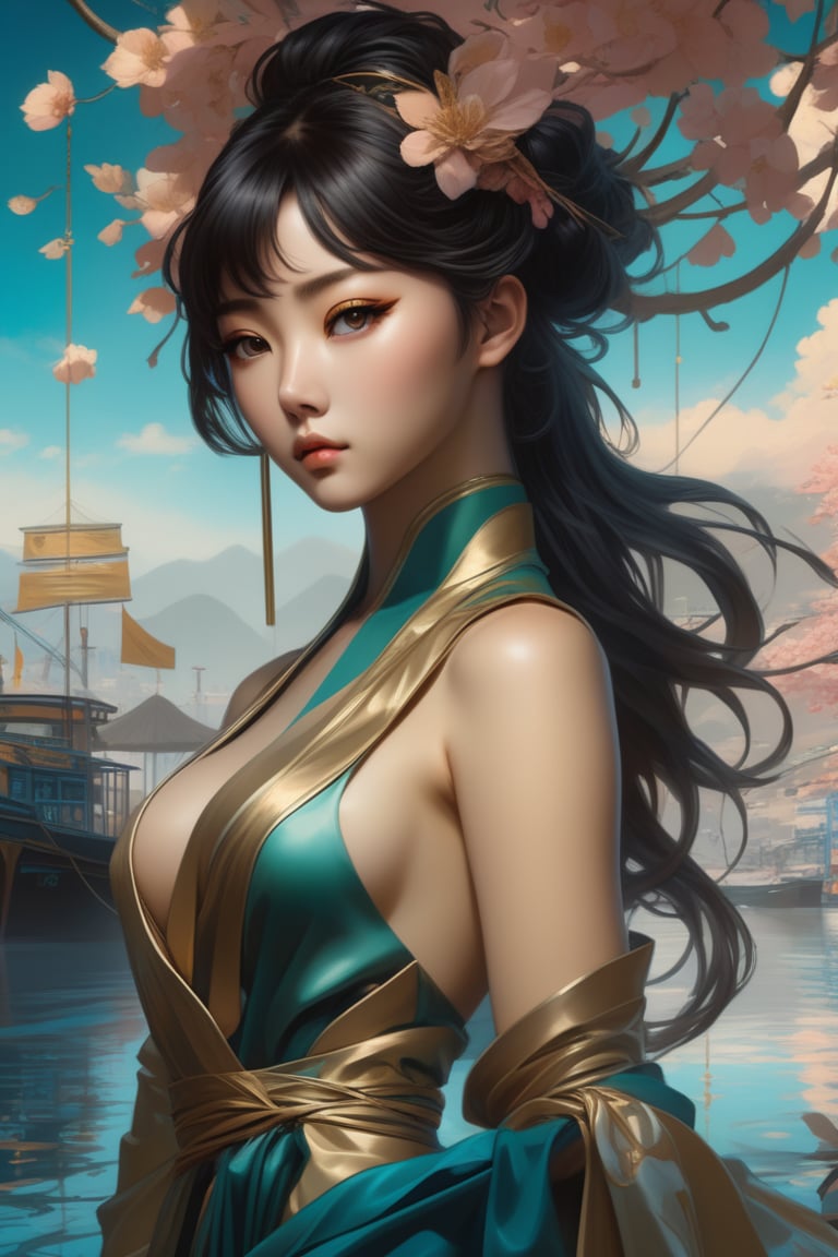 (masterpiece,best quality, ultra realistic,32k,RAW photo,detailed skin, 8k uhd, high quality:1.2), surrealist art 'Hu Tao' character in liyue harbor, Genshin Impact, fantasy, anime, manga, game art, concept art, digital painting, art by artgerm and greg rutkowski and alphonse mucha . dreamlike, mysterious, provocative, symbolic, intricate, detailed