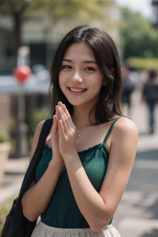 photo of a 18 year old girl,clapping hands,happy,laughing,facing viewer,ray tracing,detail shadow,shot on Fujifilm X-T4,85mm f1.2,depth of field,bokeh,motion blur