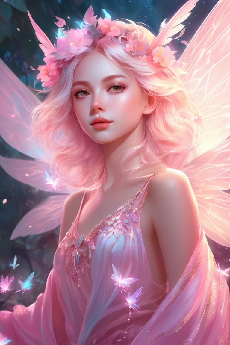 there is a picture of a pretty fairy with a pink dress, fairy aesthetics, of an beautiful angel girl, rossdraws pastel vibrant, beautiful fairy, cute detailed digital art, beautiful character painting, rossdraws, of beautiful angel, 8k high quality detailed art, rossdraws 2.5, anime fantasy illustration, portrait of a fairy, fantasy art style, beautiful angel