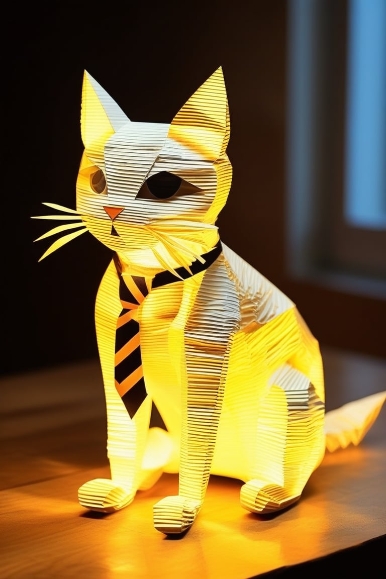 cat made of paper, cat with tie, close up, textured paper, on wooden table, fluorescent, glowing dust