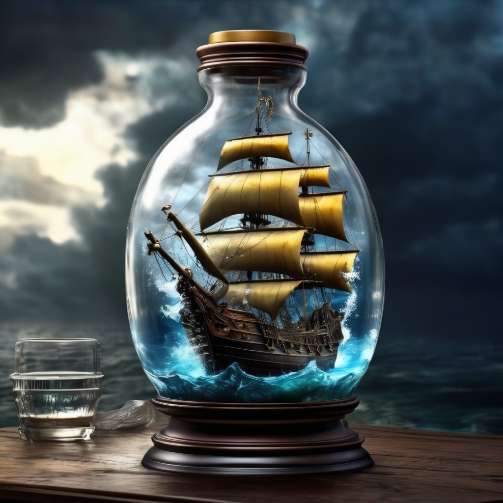 The galleon is inside a glass bottle filled with water, dark clouds, waterspouts,photorealistic, masterpiece, surrealistic, details, 8k 