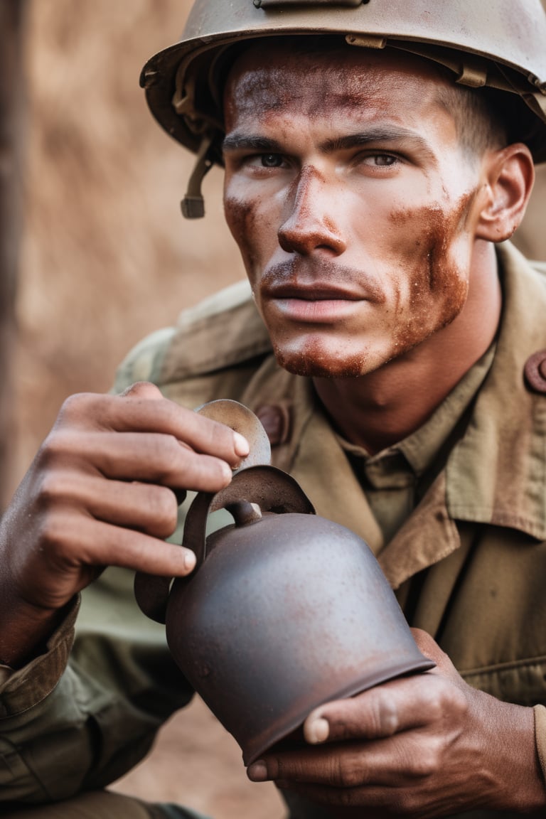 portrait soldier wearing rusty helmet hold iron water cup, detail skin, pore, masterpiece, best quality,realistic, raw photo,