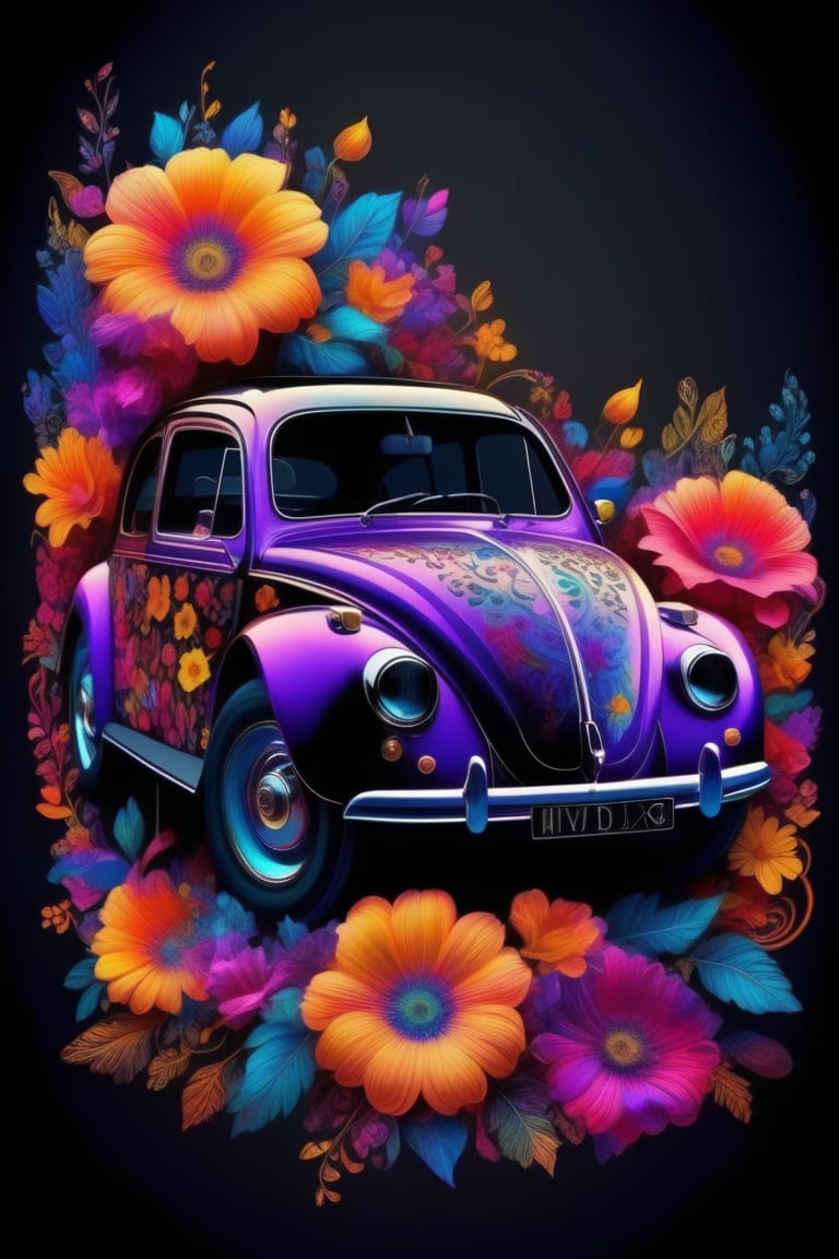 car flower pattern, no humans, black background, gradient background, vivid color,