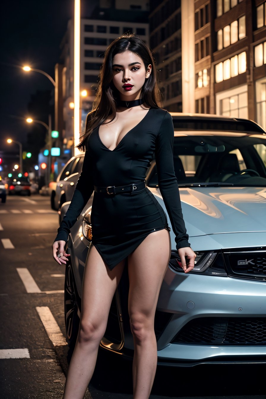 ultra realistic 8k cg, masterpiece, extremely intricate, best quality, cinematic lighting, cinematic bloom, dark style, Night Street, sexy dresses, girl leaned on the sport car hood, background Megapolis,  beautiful eyes, large eyebrows, a small nose, black lipstick, petite body, small breasts.