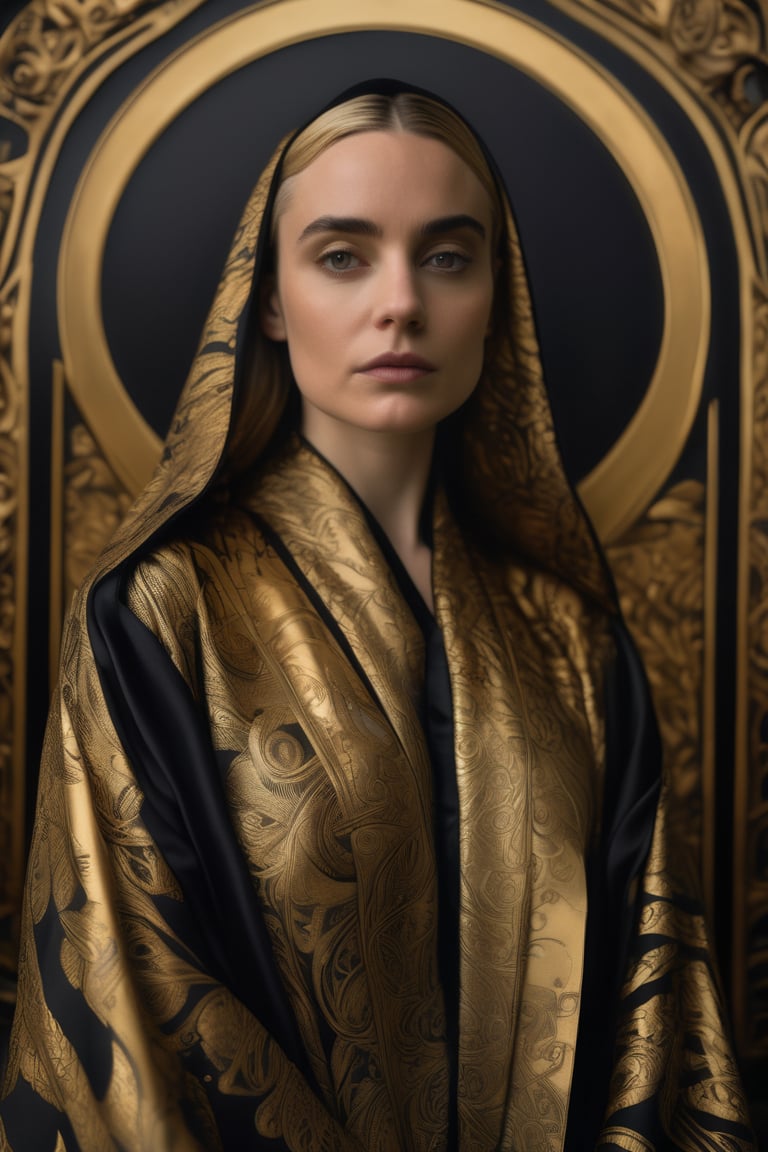 realism, beautiful, photo realistic, detailed, art nouveau, girl like Alex Garland, wearing a golden and black robe with calligraphy on it, ultra detailed, photorealistic, highly detailed, cinematic,