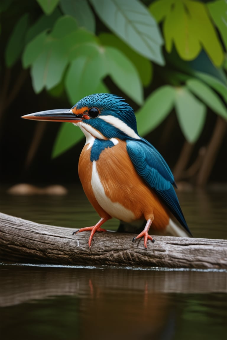 close up angle of, , ((),(3d Kingfisher in md air)) surrounded by jungle( waters), bird, detailed focus, deep bokeh, beautiful, , bight vib background. Visually delightful, 3D