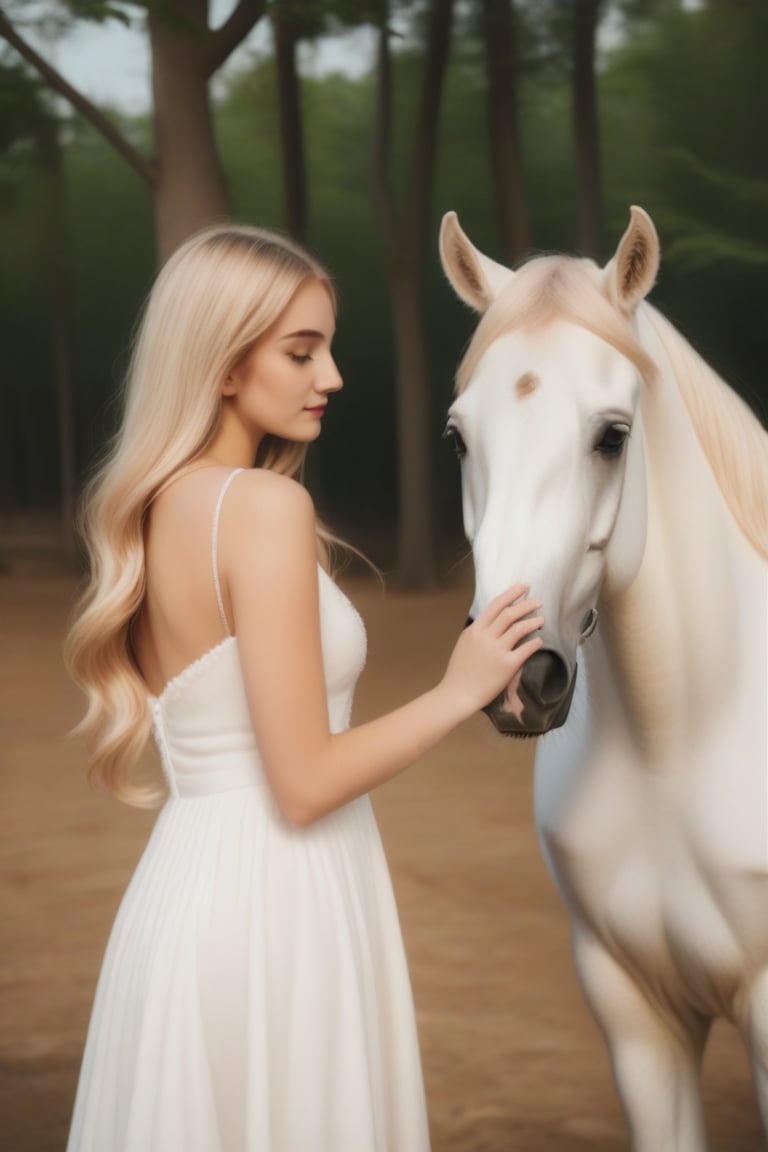 a girl standing next to a white horse, long hair, blonde hair, dress, closed eyes, outdoors, white dress, blurry, from side, tree, blurry background, animal, nature, realistic