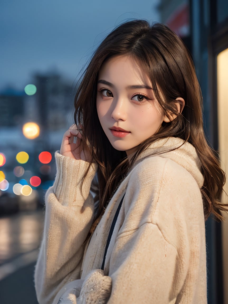 masterpiece, realistic, best quality, beauty girl in city, hloding bag, looking at viewer, winter clothes, cute, solo, brown hair, brown eyes, depth of field, night, realistic, porses,skin detail, acne, detail eyes, (masterpiece,best quality:1.5)
