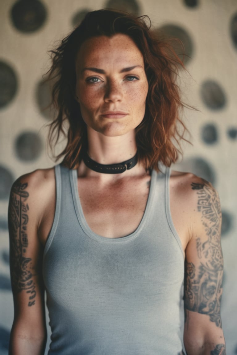 photo, rule of thirds, dramatic lighting, medium hair, detailed face, detailed nose, woman wearing tank top, freckles, collar or choker, smirk, tattoo, intricate background
,realism,realistic,raw,analog,woman,portrait,photorealistic,analog,realism