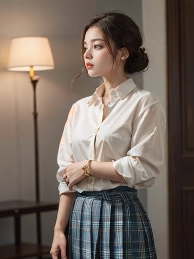 (masterpiece,best quality:1.5),ultra realistic,32k,RAW photo,(high detailed skin:1.2), 8k uhd, dslr, soft lighting, high quality, film grain,lots of details ,pleated skirt , button down shirt ,pretty lady , royal style, gold  accessories,, 1girl, anime