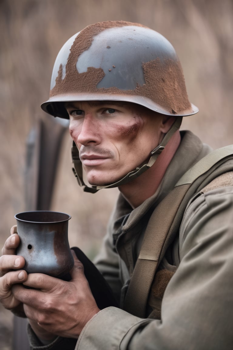 portrait soldier wearing rusty helmet, hold iron cup, detail skin, pore, masterpiece, best quality,realistic, raw photo,