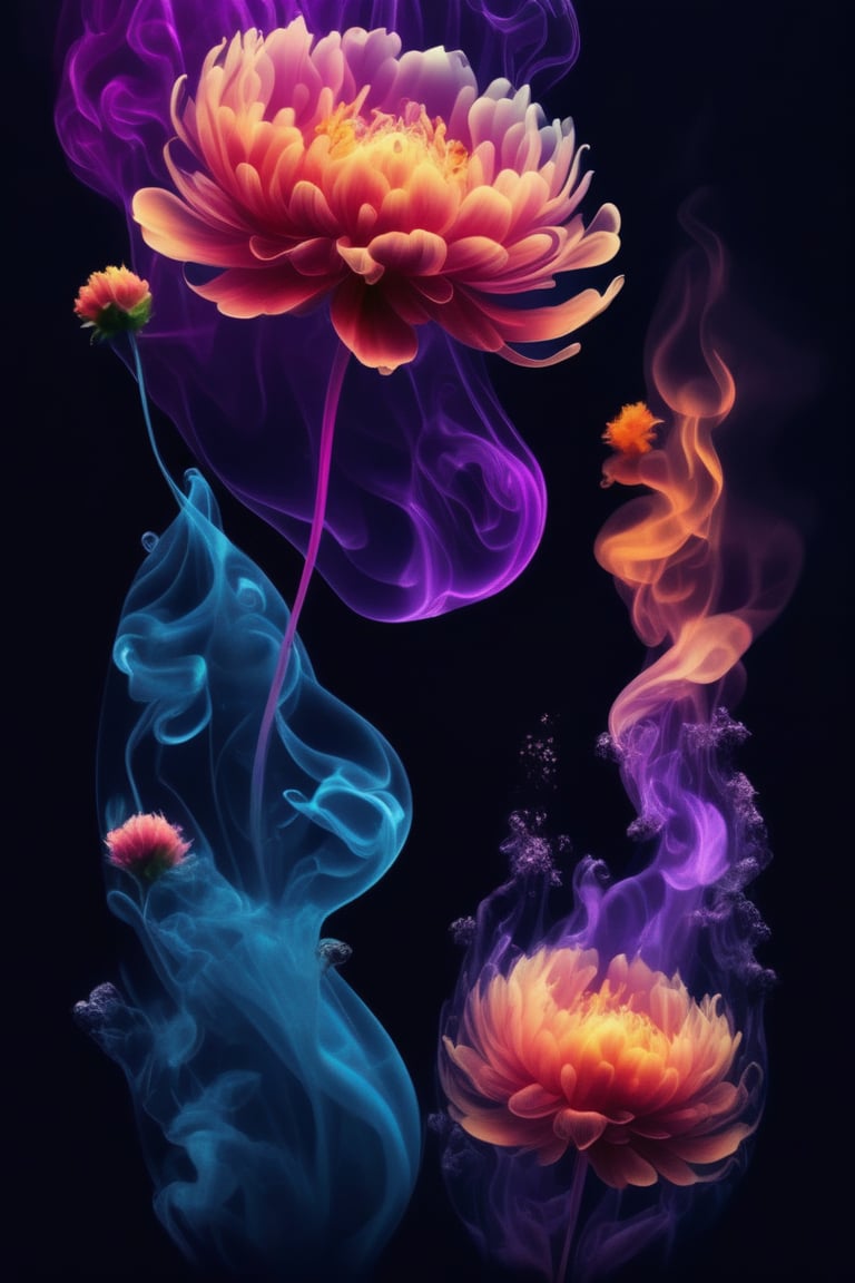 water, flower, smoke, no humans, black background, gradient background,