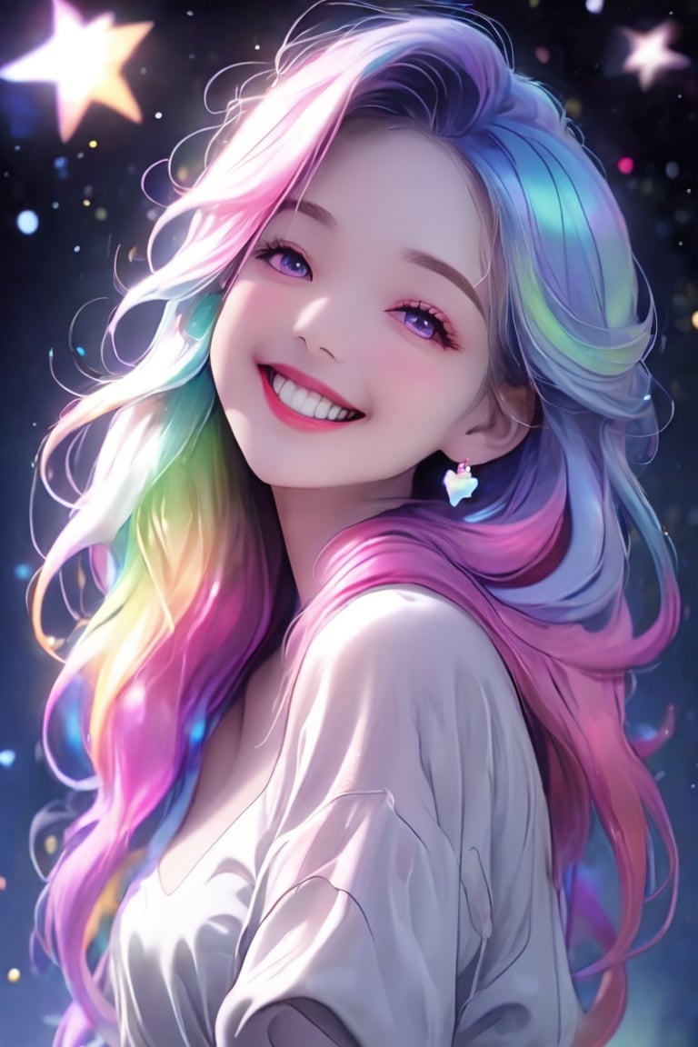 very dark nightly closeup of a hot beautiful anime girl smiling, in japan, pastel rainbow hair, ambient light, realistic textures, clear shadows, sparkling, glistening, fantastical