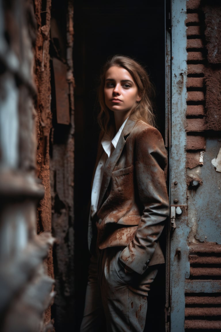 portrait girl in a worn-out suit in a dark alley, a dilapidated house, rusted iron, best quality, realistic,