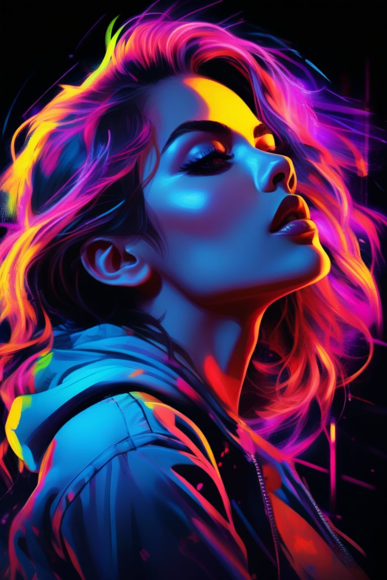 cover painting banner a girl with neon hair, neon cloth, car, black background, contact eyes, best quality