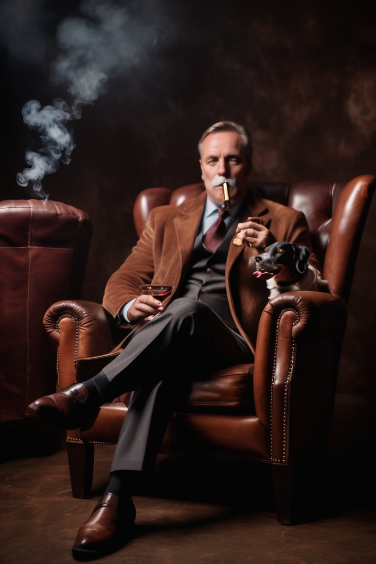 powerful man sitting on leather chair smoking cigar with wine glass in hand, hunting dog beside chair,