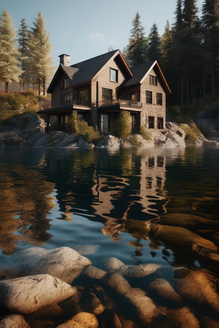 The house is next to the lake, the lake surface is rippled, realistic, see through the water and rocks under the lake,