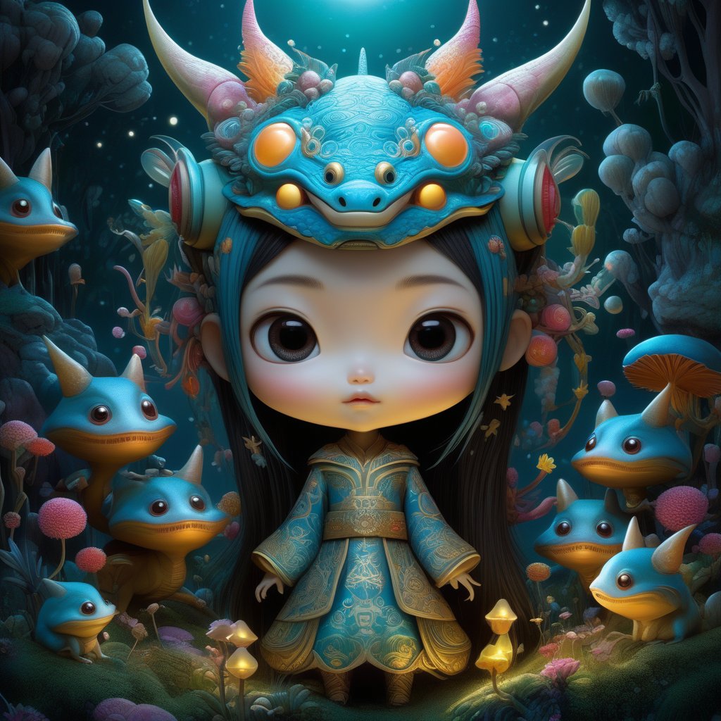   ultra highly detailed, , cinematic, 32k,  Asian folklore,  detailed  ink, acrylic,  by Craola,  Nicoletta Ceccoli, Beeple, Jeremiah Ketner  Todd Lockwood, storybook illustration,  cute  vivid tiny   Yokai  fairy   girl  and  perfect  Asian  ghost dragon , extremely big sharp  glowing   eyes,  meadow, forest,  night, ,stars, starry sky, fairytale,  storybook,   mystical, highly detailed unusual  highly detailed, intricated, intricated pose,   masterpiece, high quality, ultra details, small detailing,vibrant colors, complex patterns , unreal engine 