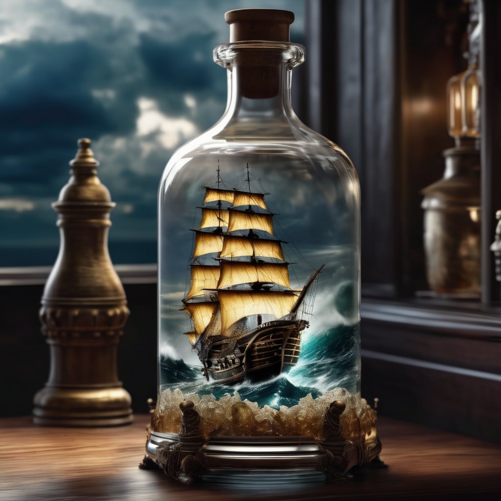 The galleon is inside a glass bottle filled with water, dark clouds, waterspouts,photorealistic, masterpiece, surrealistic, details, 8k 