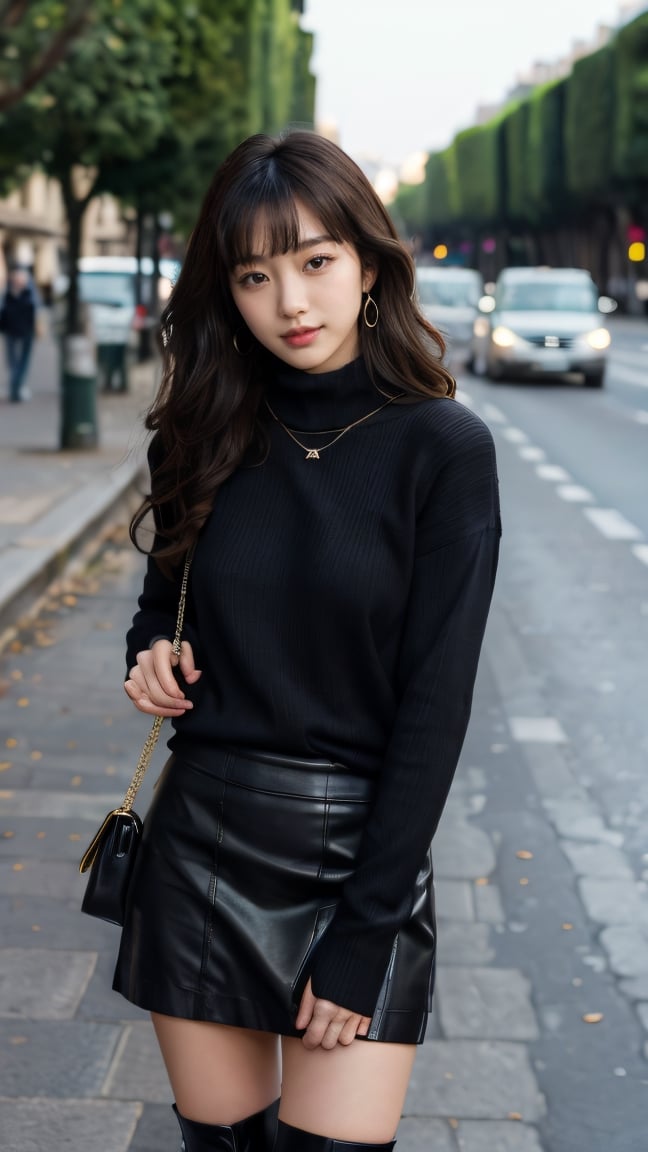 background is street,the Arc de Triomphe,triumphal arch,Paris,
18 yo, 1 girl, beautiful korean girl,
wearing tight black sweater(turtle neck,simple),tight leather short skirt,black long boots,shoulder bag, smile, solo, {beautiful and detailed eyes}, dark eyes, calm expression, delicate facial features, ((model pose)), Glamor body type, (dark hair:1.2), simple tiny earrings, simple tiny necklace,very_long_hair, hair past hip, bangs, curly hair, flim grain, realhands, masterpiece, Best Quality, 16k, photorealistic, ultra-detailed, finely detailed, high resolution, perfect dynamic composition, beautiful detailed eyes, eye smile, ((nervous and embarrassed)), sharp-focus, full_body, cowboy_shot,