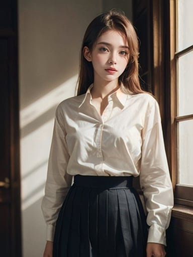 (masterpiece,best quality:1.5),ultra realistic,32k,RAW photo,(high detailed skin:1.2), 8k uhd, dslr, soft lighting, high quality, film grain,lots of details ,pleated skirt , button down shirt ,pretty lady , royal style, gold  accessories,, 1girl, anime