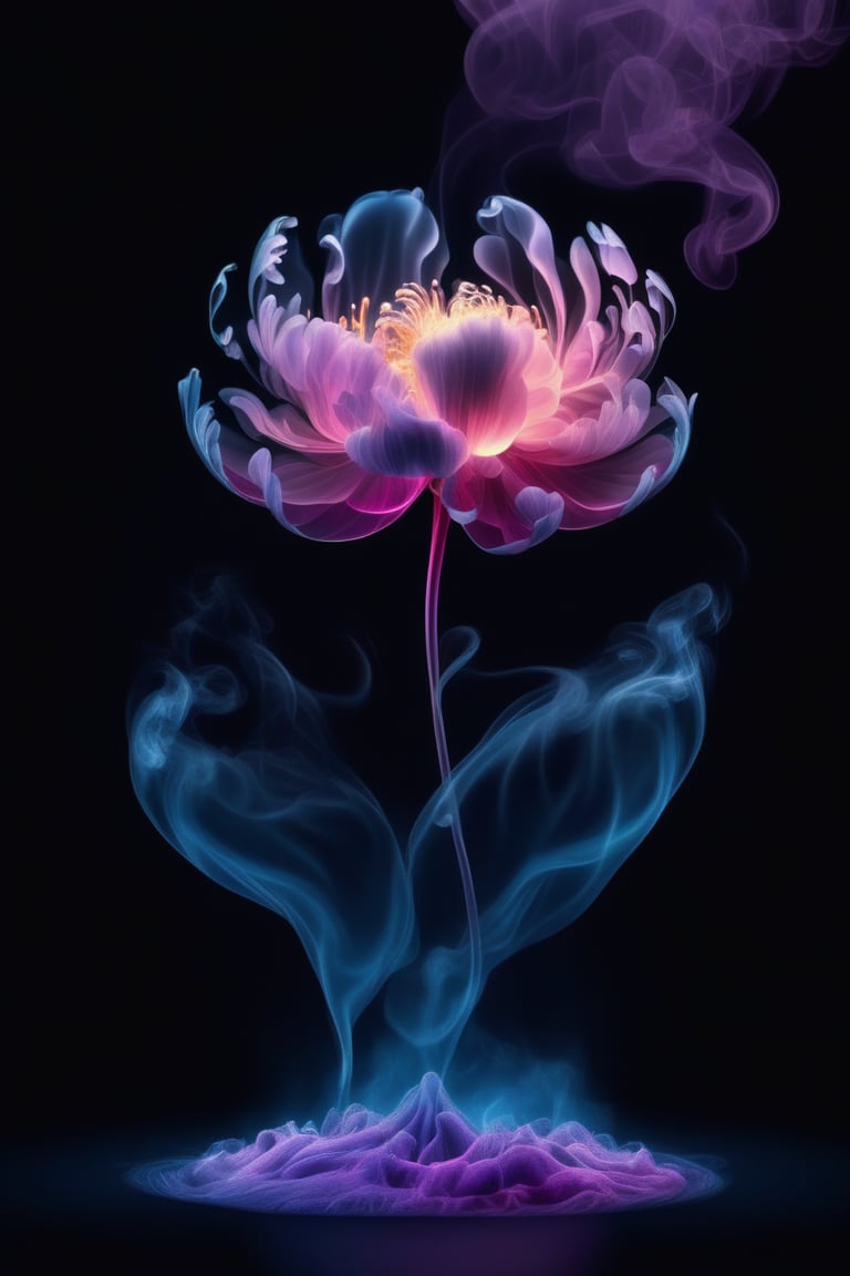 water, flower, smoke, no humans, black background, gradient background,